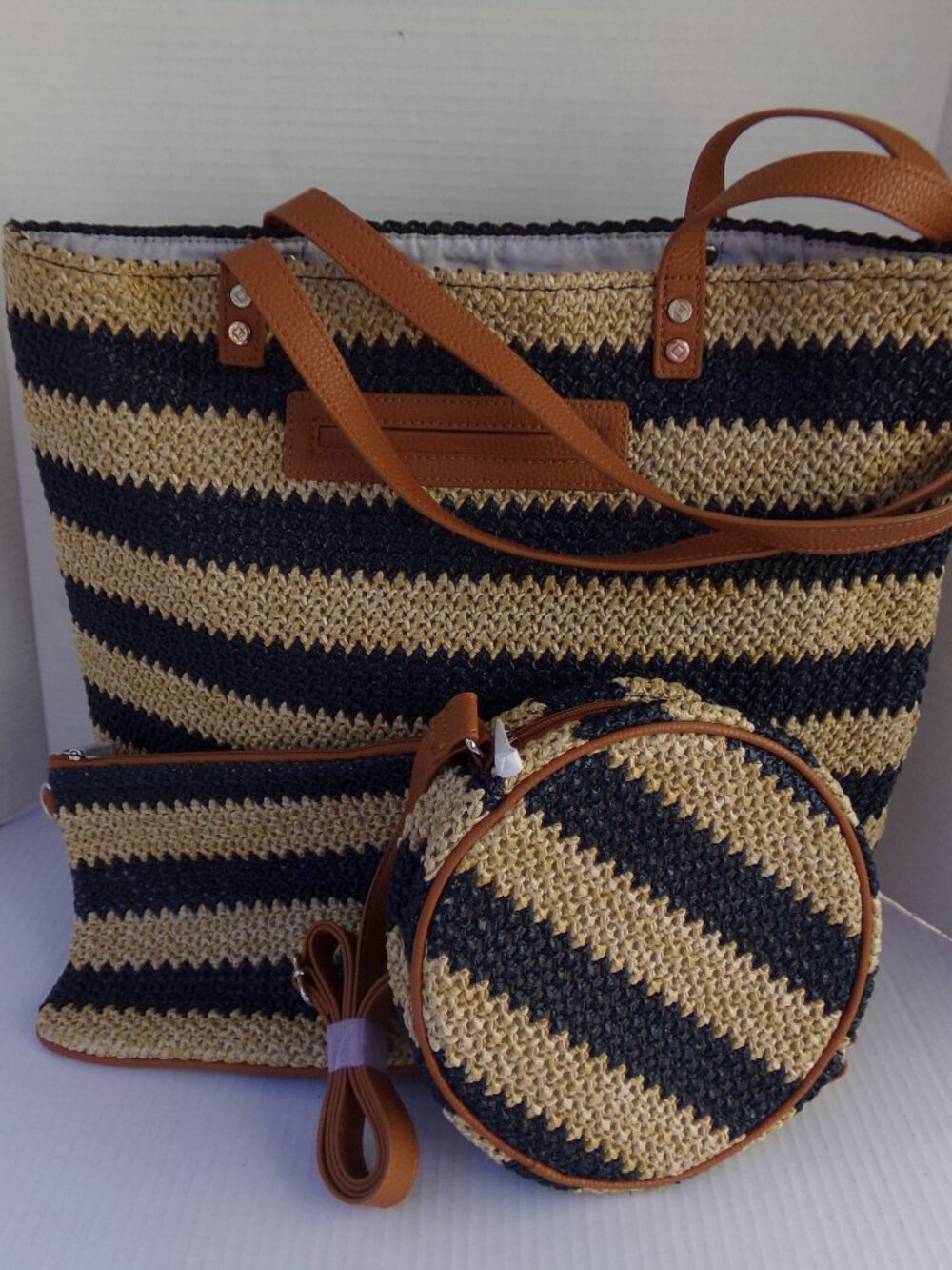 3 Straw Navy Brown Bag Purse Tote Jewell By Thirty One Small Bags New